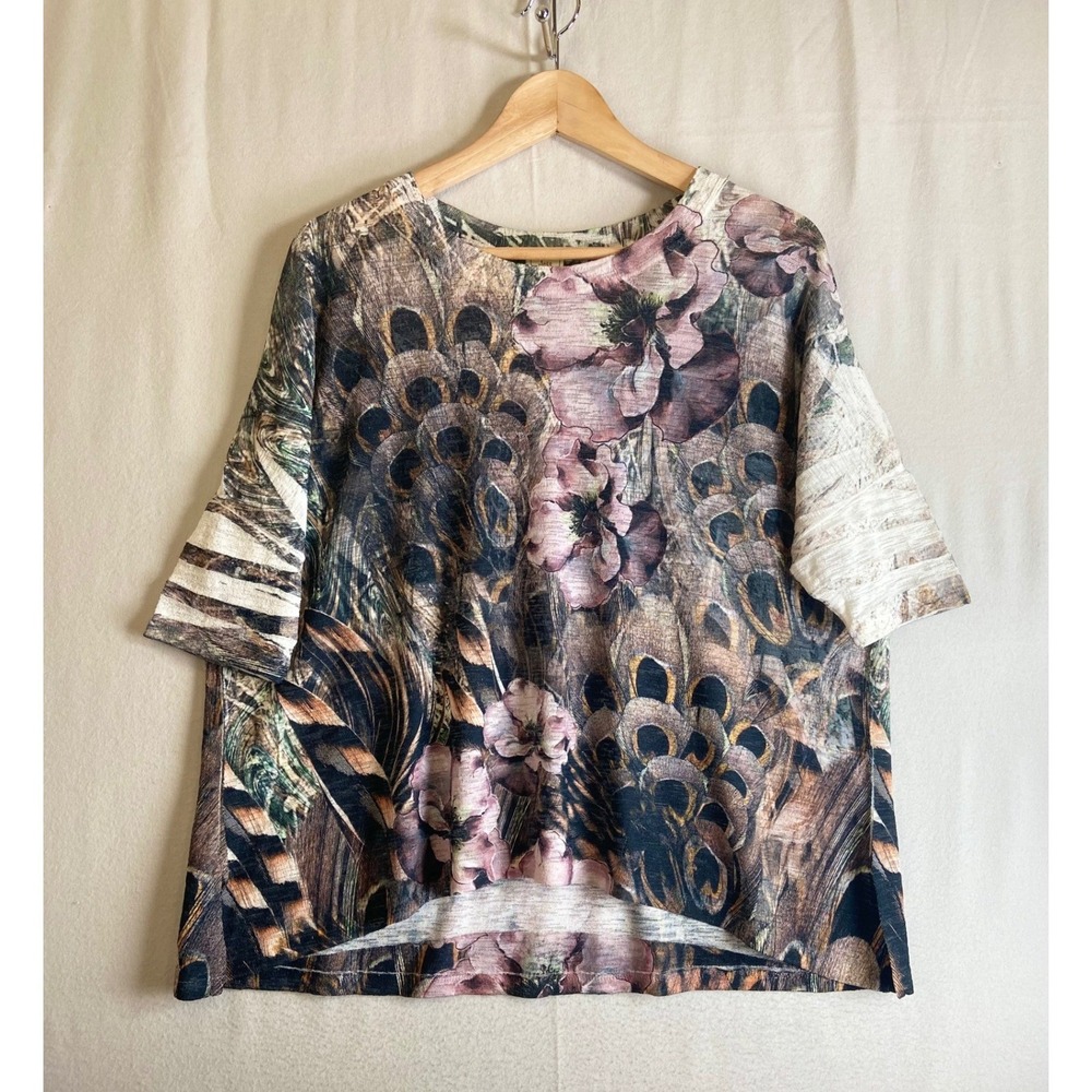 Jess & Jane Womens Small Peacock Floral Print Slub Knit Boxy Top Made in USA
